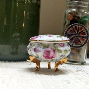 Floral Porcelain Small Trinket Box with Gold Accents
